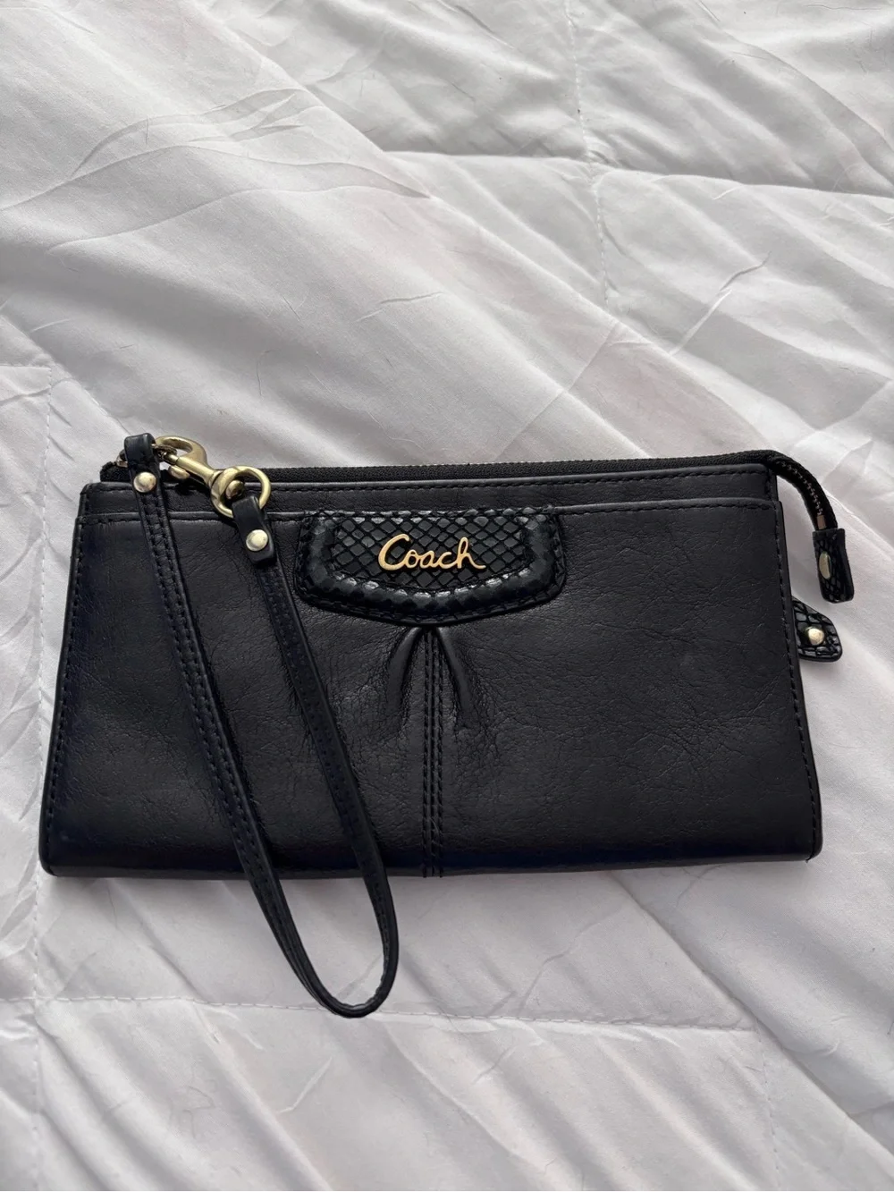 Coach Black Leather Wristlet with Gold Logo Accent